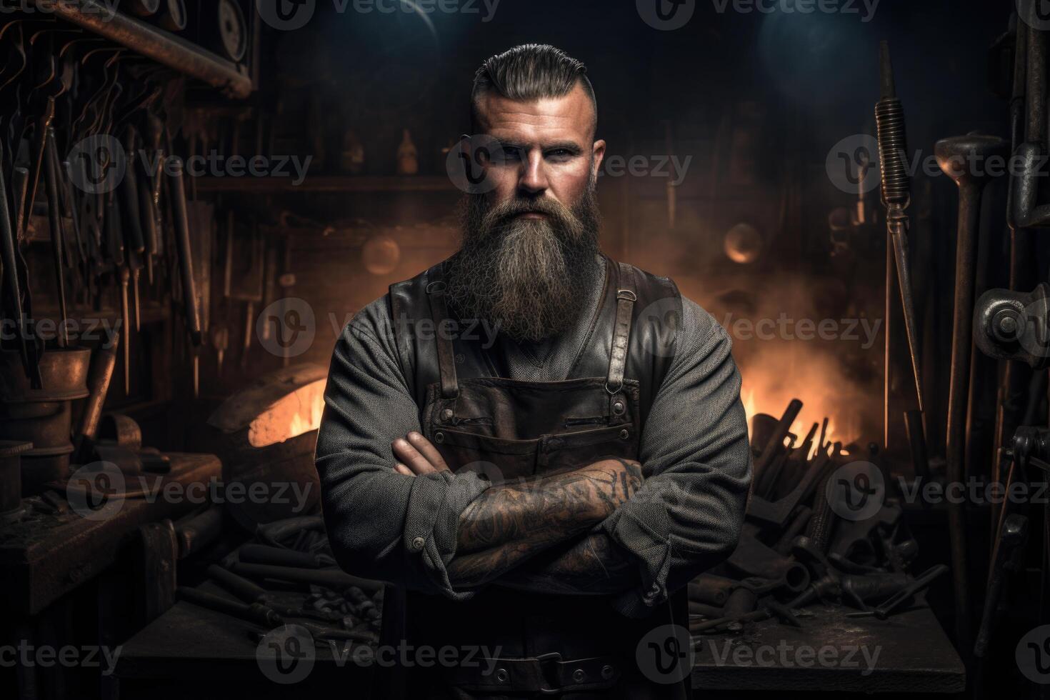 AI generated Portrait of a brutal man-a professional blacksmith in his own forge photo