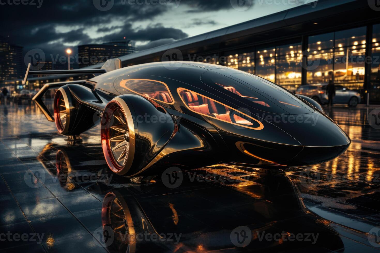 ai generado el coche de el futuro. el coche soportes en un sitio en contra un antecedentes de edificios desde el futuro foto