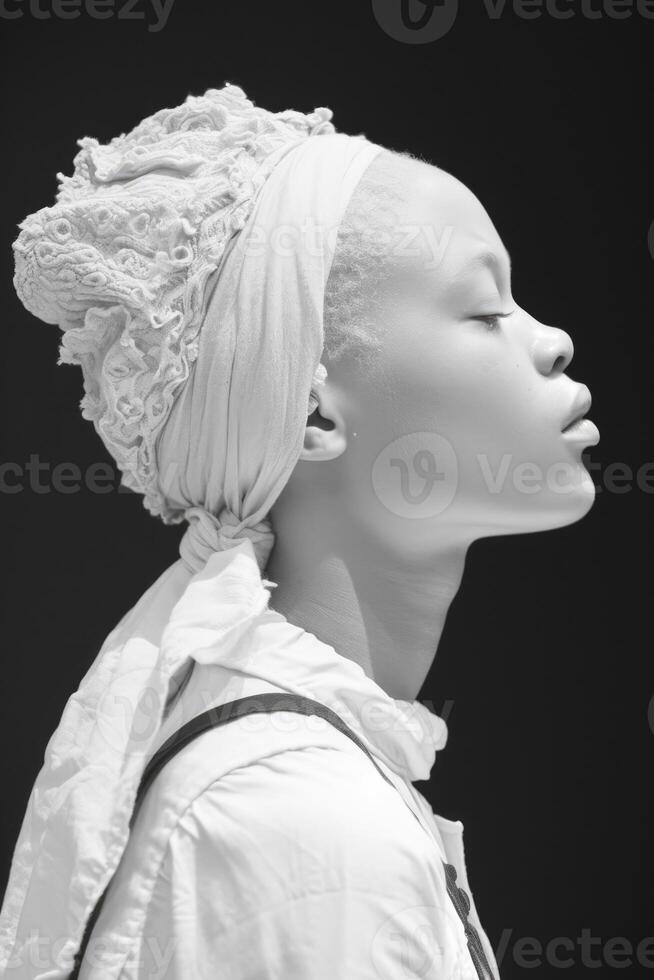 ai generado retrato de un albino africano niña con blanco pelo de cerca foto