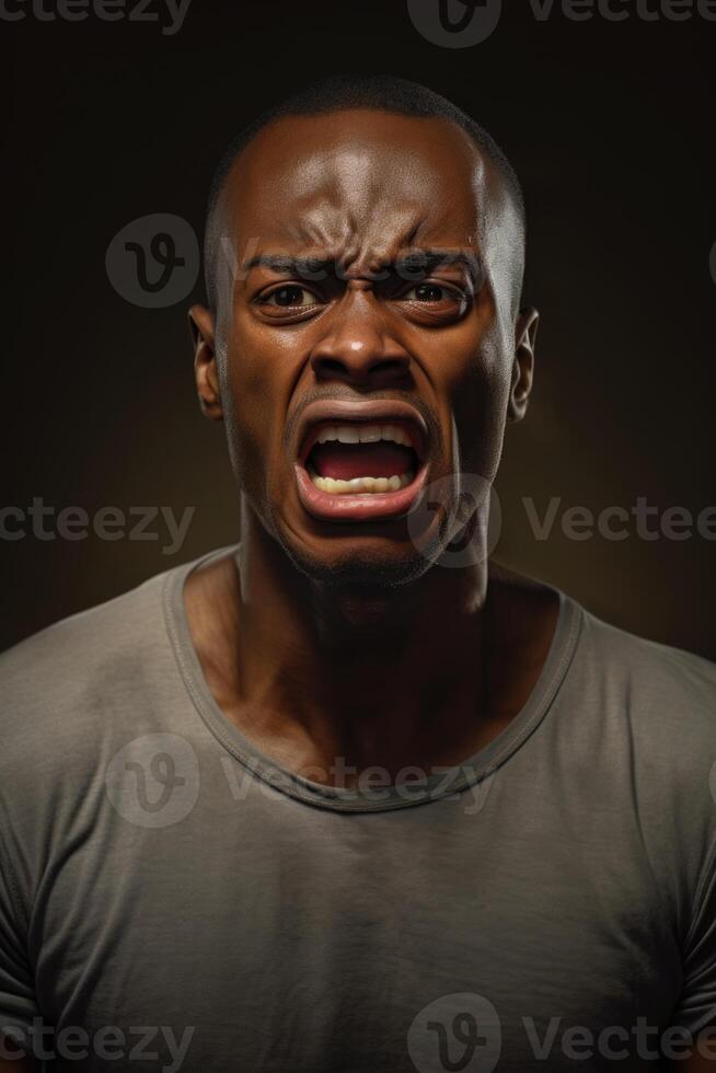 ai generado retrato de un grave hombre de el africano carrera en un negro antecedentes foto