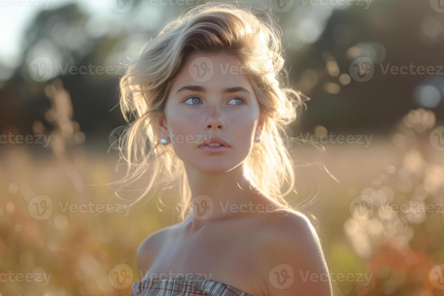 AI generated Portrait of a young beautiful girl with blonde hair in summer in a field in the sunlight photo