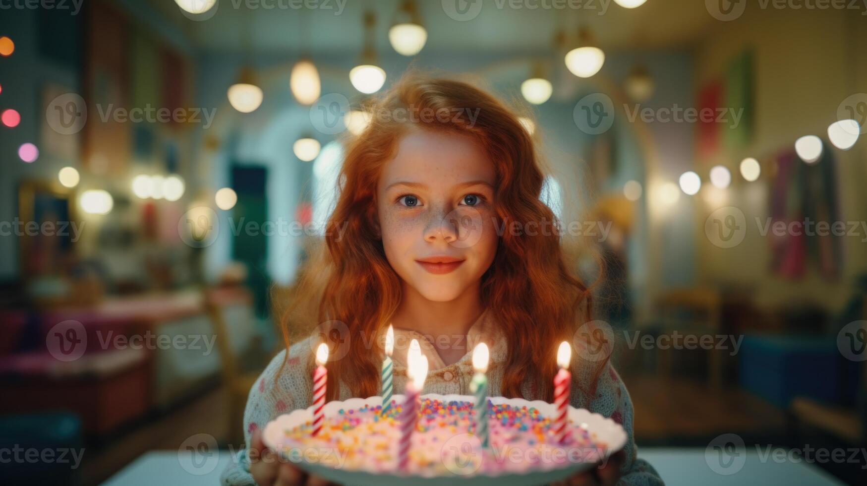 AI generated a redheaded young girl will blow out the candles on the birthday cake photo
