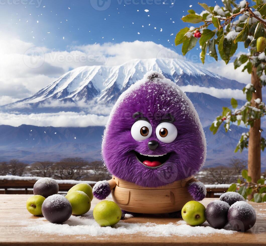 AI generated funny plum mascot character with smiley face in basket with plums and mountain background photo