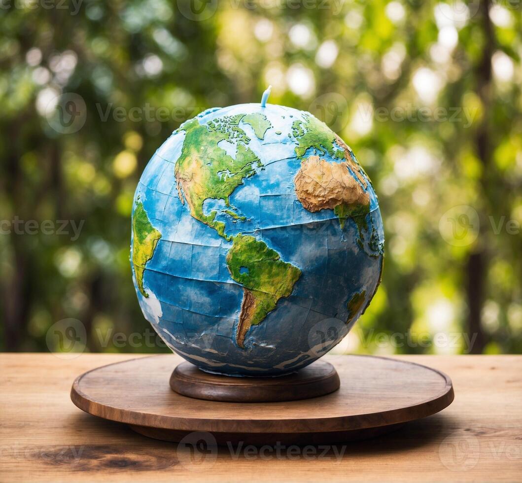 AI generated Globe on wooden table over blurred nature background, Earth day concept photo