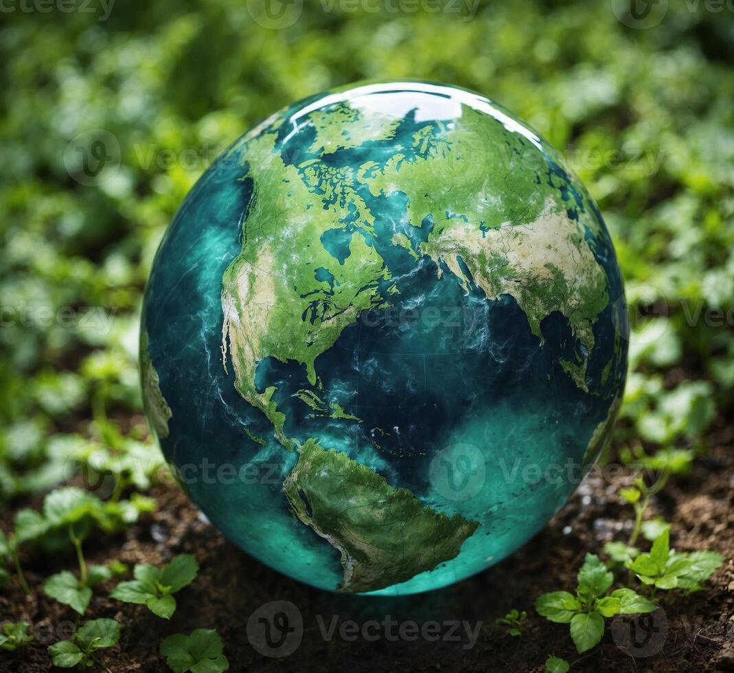 AI generated Globe earth on green grass background. Global warming concept. Save the planet. photo