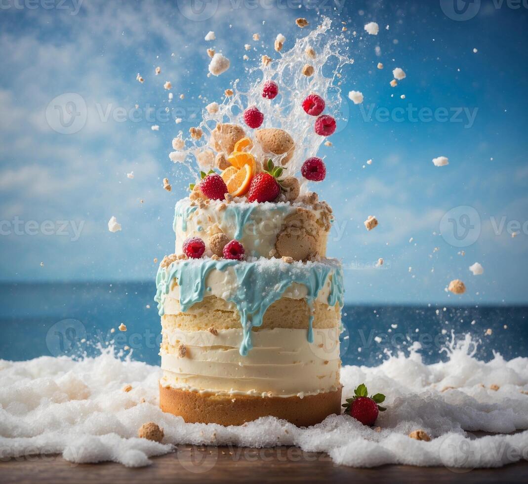 AI generated Cake with fruits falling into the air on the background of the sea photo