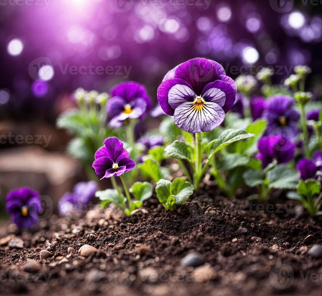 AI generated Pansy flowers growing in the garden. Springtime concept. photo