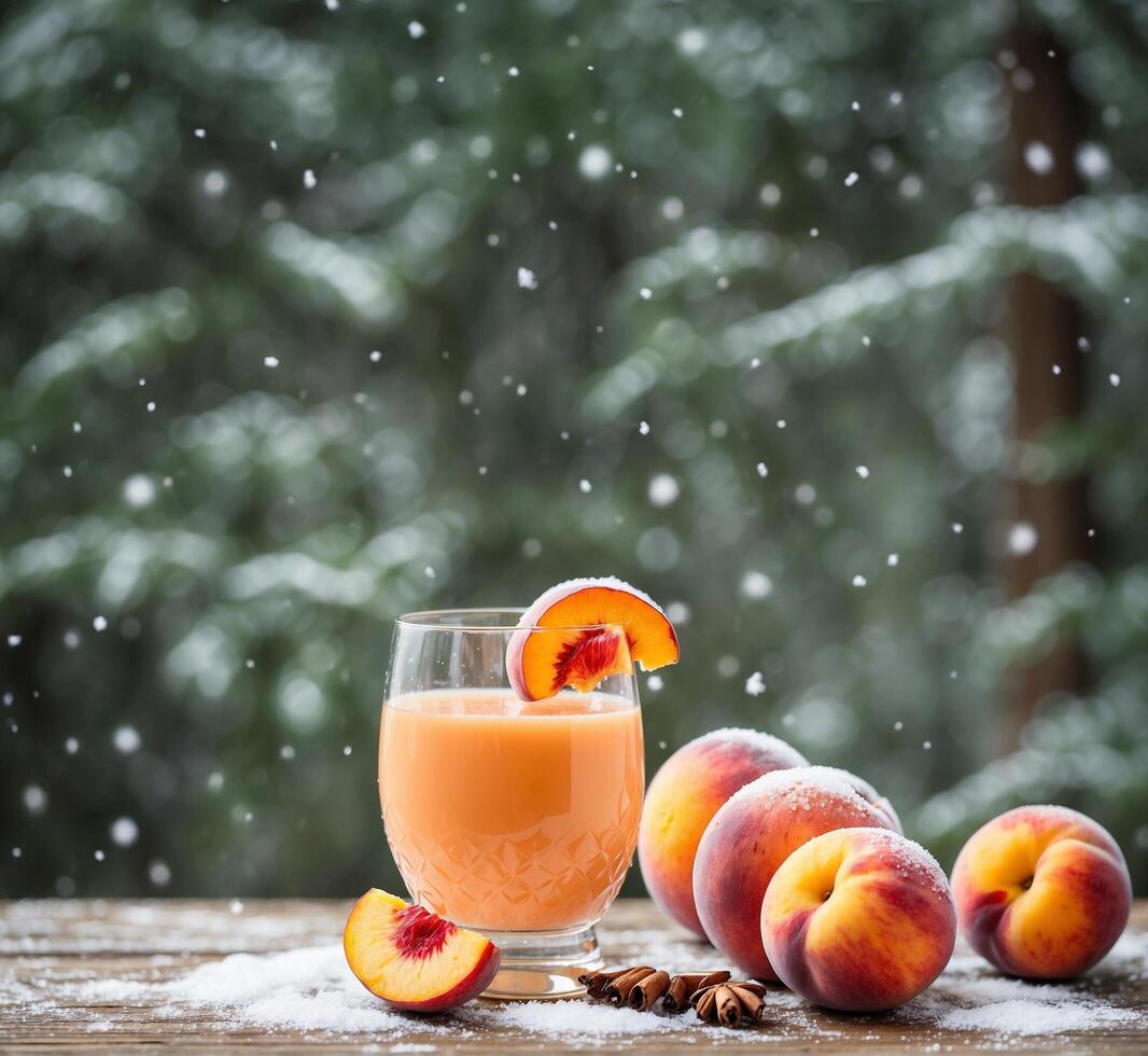 AI generated Peach juice in a glass and peaches on a wooden table. photo