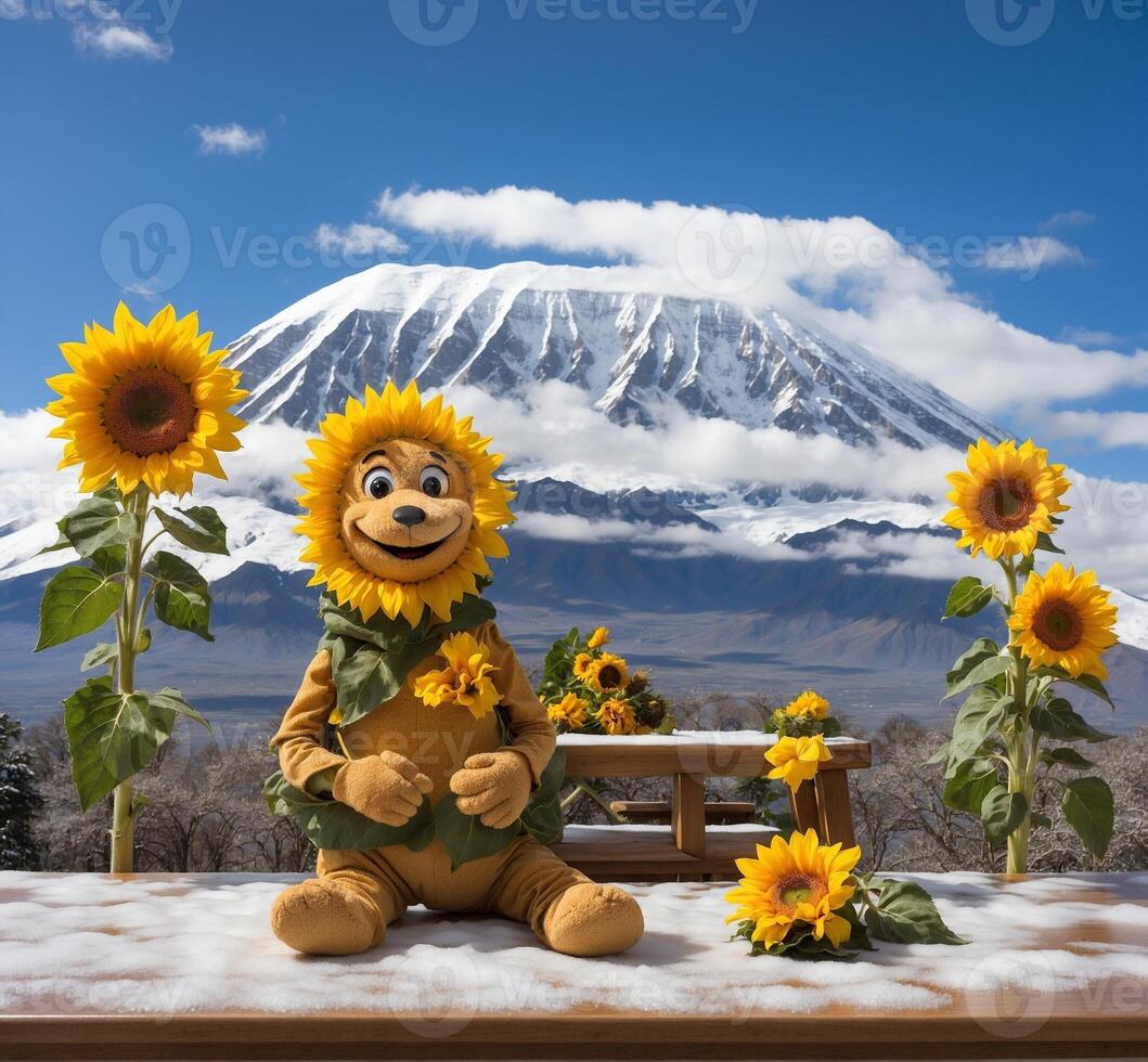 AI generated Sunflowers mascot character and Mt. Fuji in the background, photo