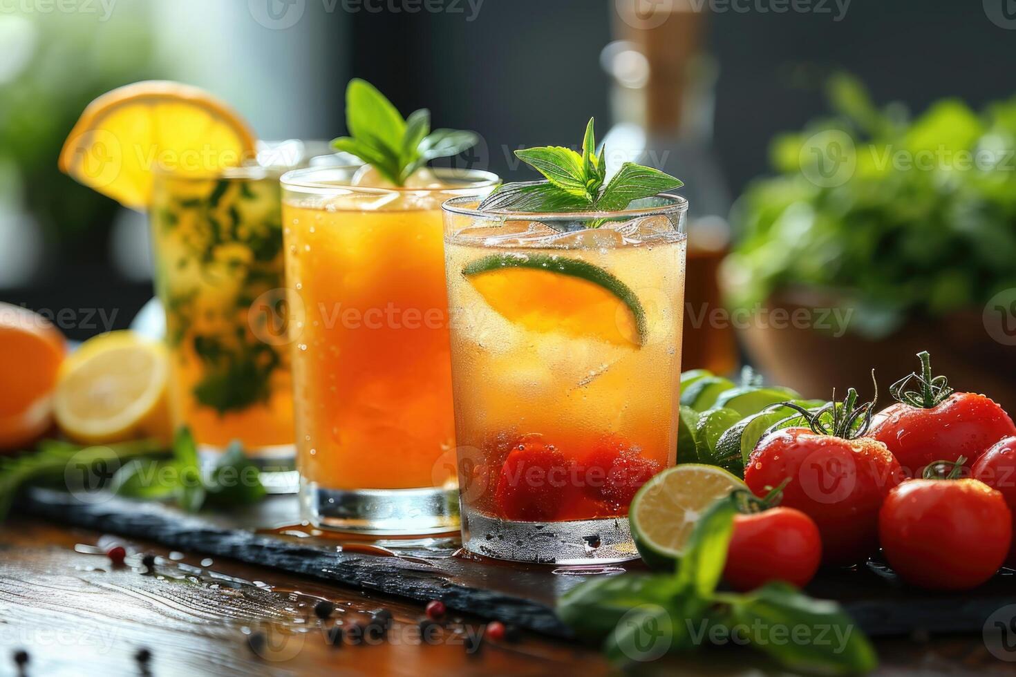 AI generated Summer colorful fruit and vegetable cocktail in glasses on the table. Berries and fruits are lying nearby photo