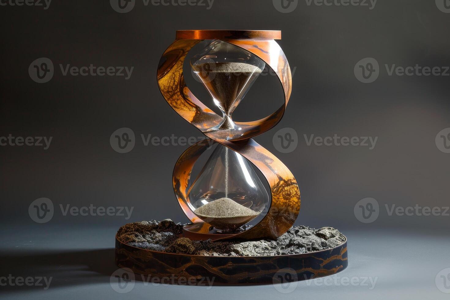 ai generado elegante reloj de arena. arena corriendo en un reloj de arena, medición el cuenta regresiva hora en un oscuro antecedentes foto