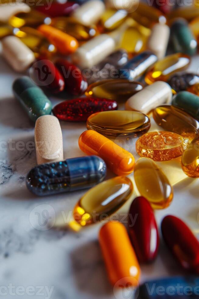 AI generated Close-up of vitamin capsules and dietary supplements. Including vitamin C, vitamin E, vitamin D3, salmon oil, fish oil and coenzyme Q10 capsules photo