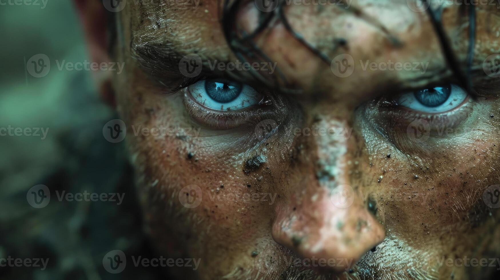 AI generated Close-up of a smeared serious male face with blue eyes on a dark background photo
