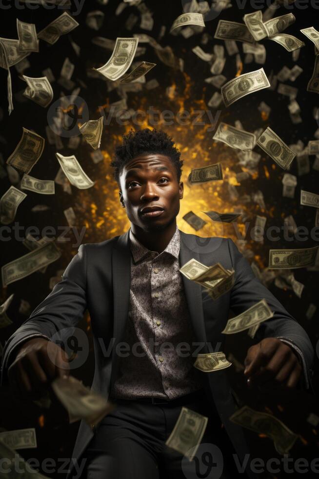 AI generated Portrait of a rich man with money of the African race sitting on a chair in the background in the studio photo