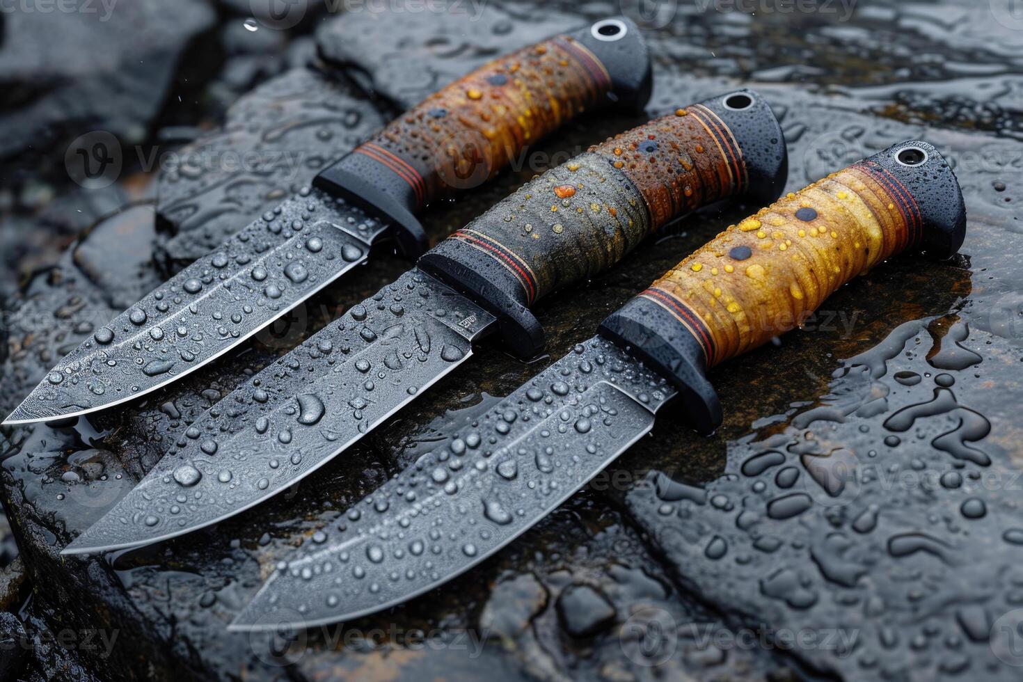 AI generated Black Damascus steel Knives on a wooden board in the rain photo