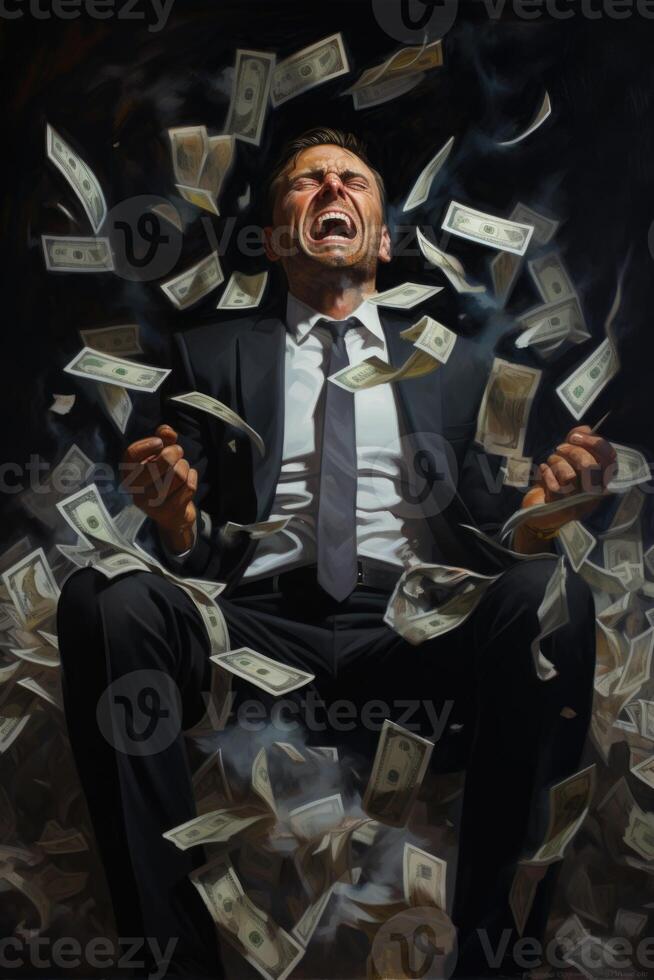 AI generated Portrait of a businessman in a formal suit and money flying around. Business success photo