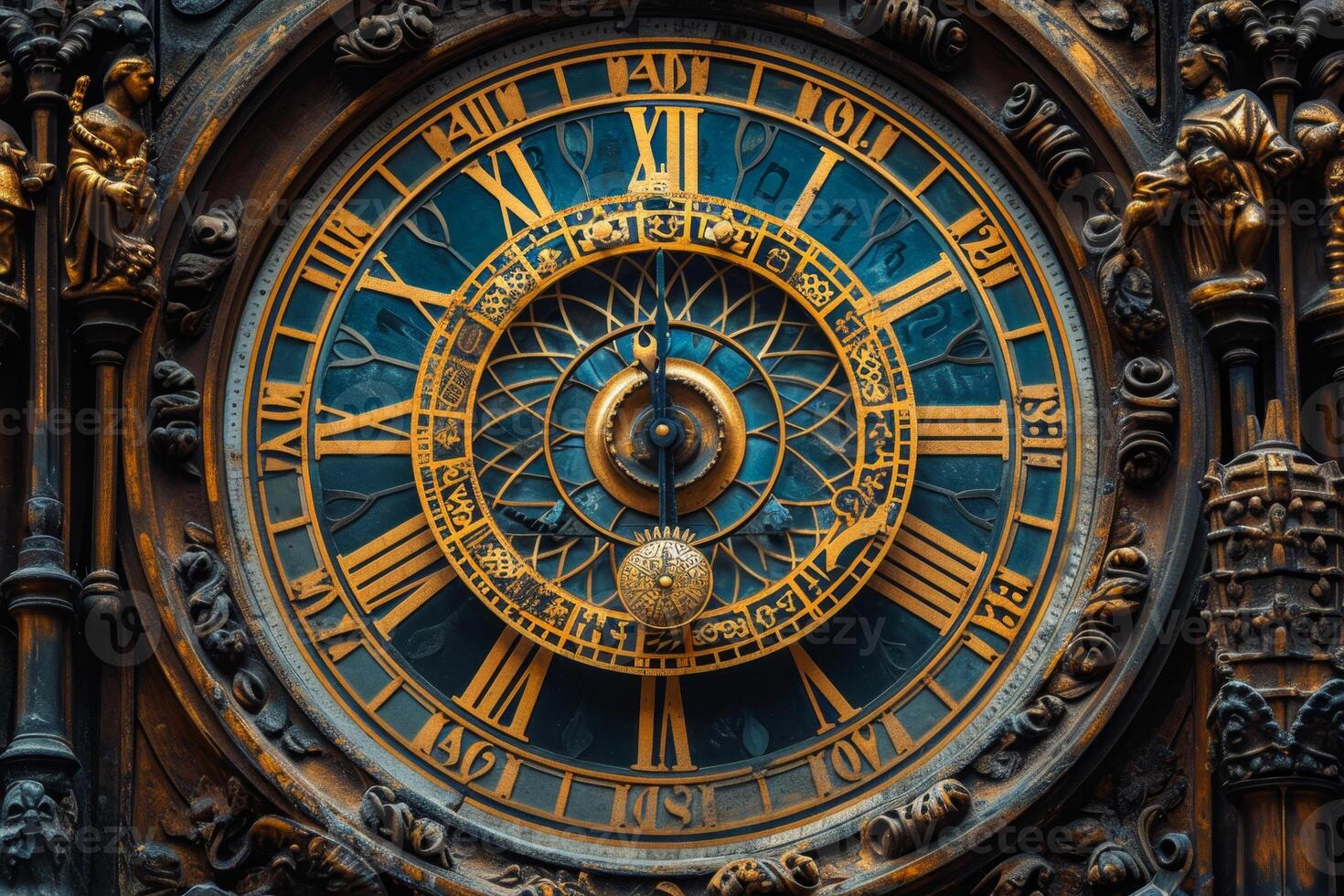 AI generated an old antique wall clock. An unusual clock is built into the wall photo