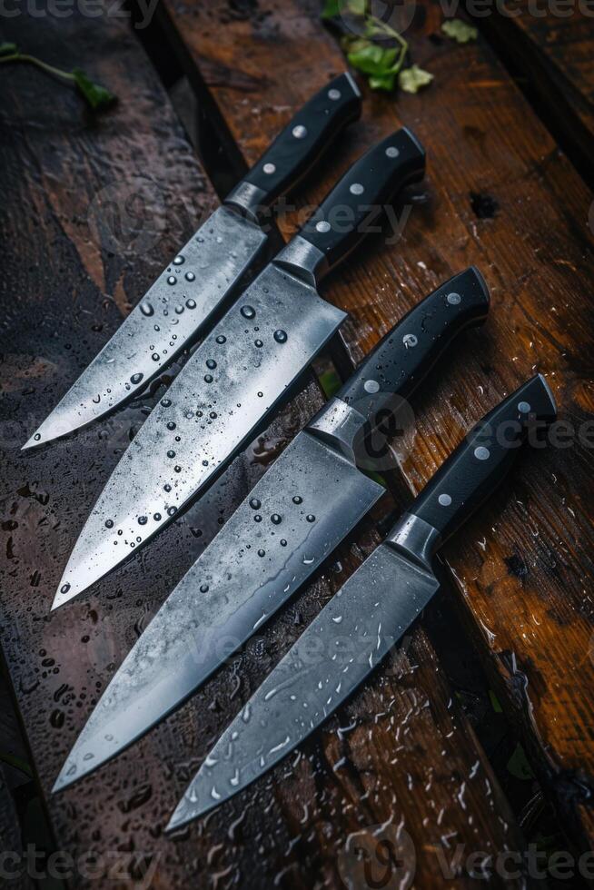 AI generated Knives made of Damascus steel on a wooden board photo