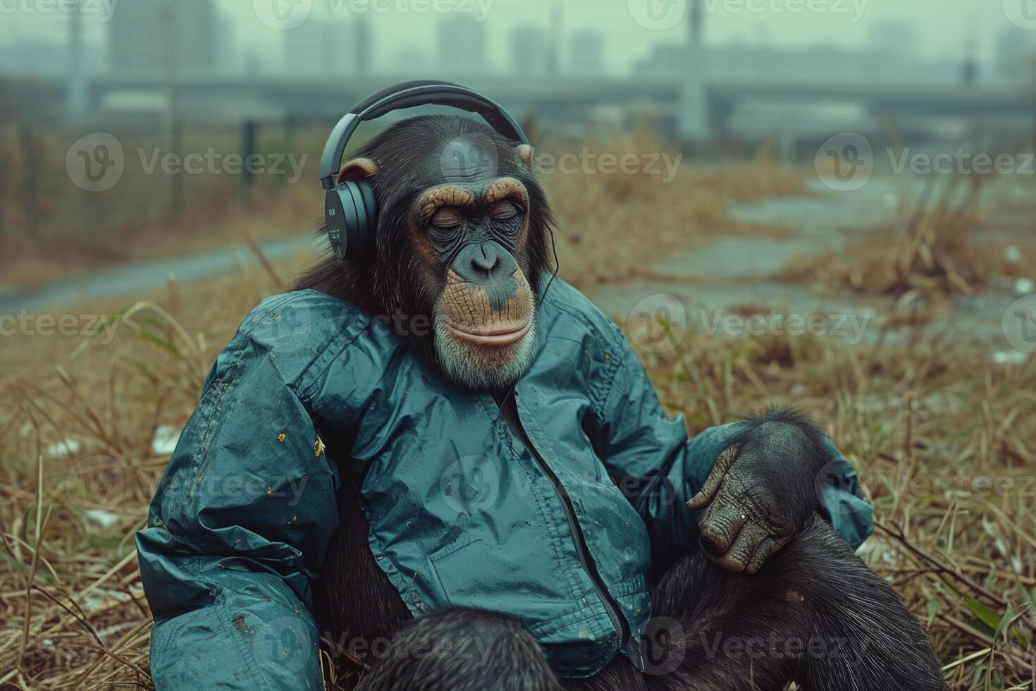 AI generated A chimpanzee monkey with musical headphones is sitting outside photo