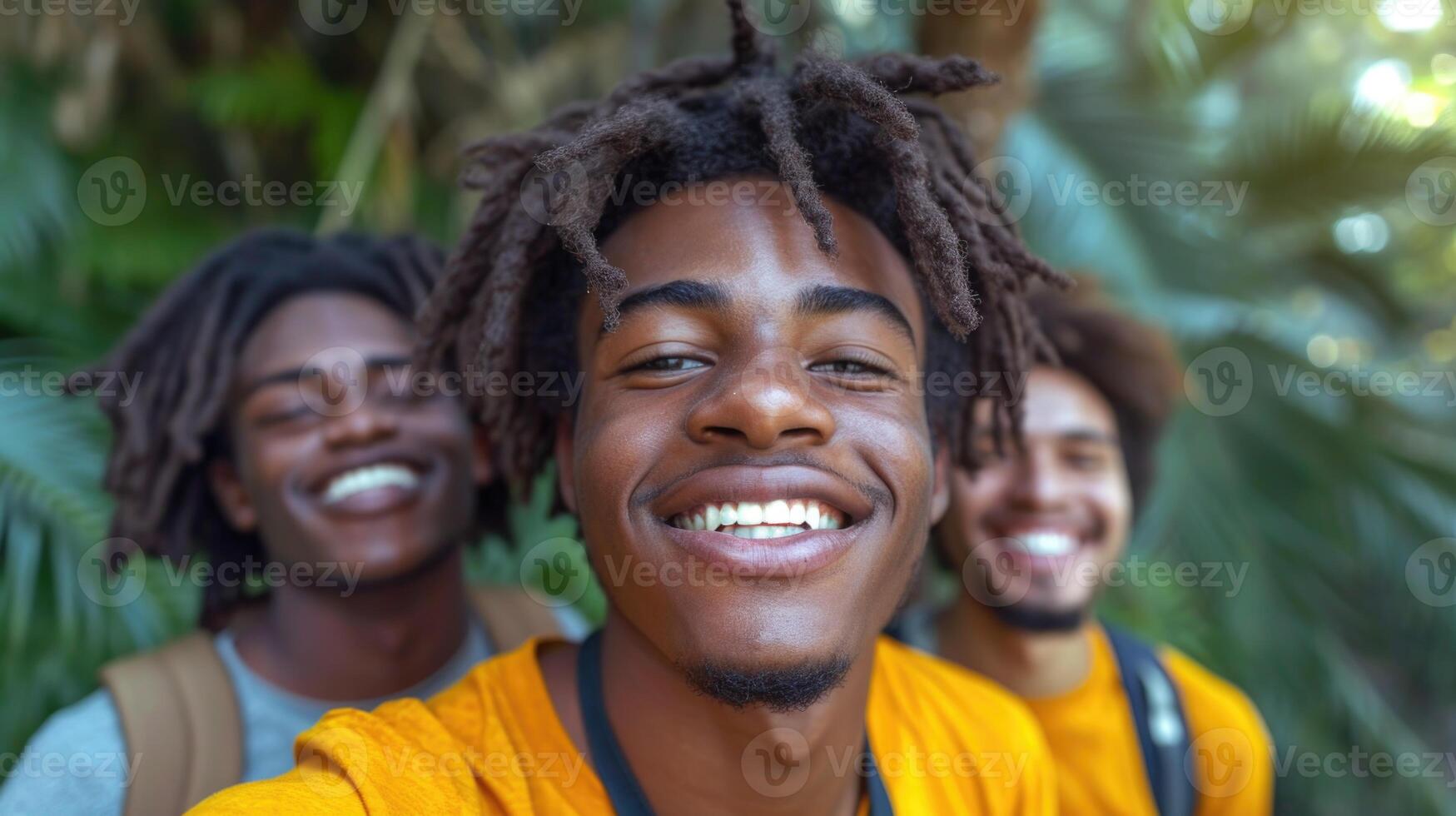 AI generated A reusable young group of happy people takes a selfie photo on a camera outside