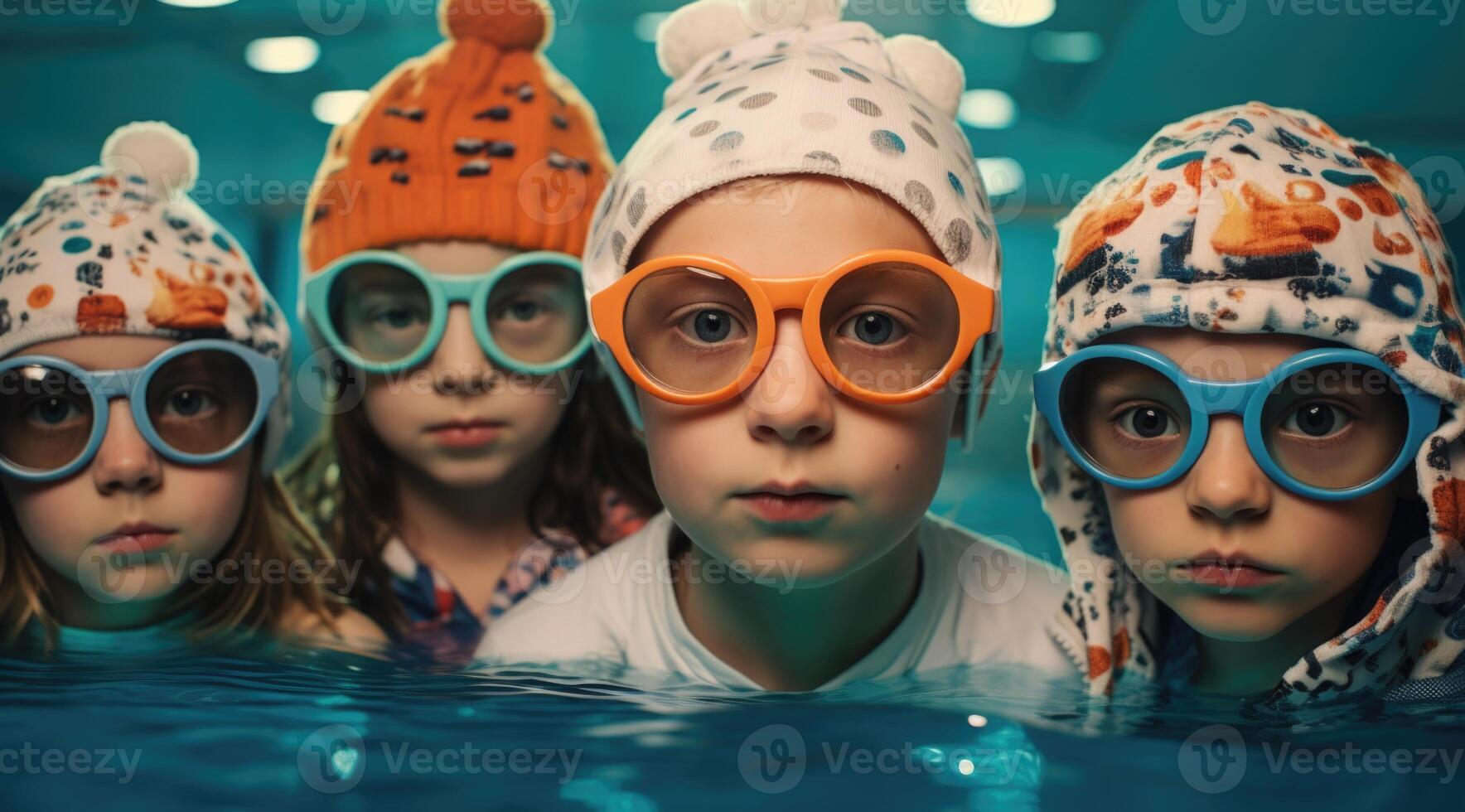 AI generated Four children in colored clothes and glasses photo