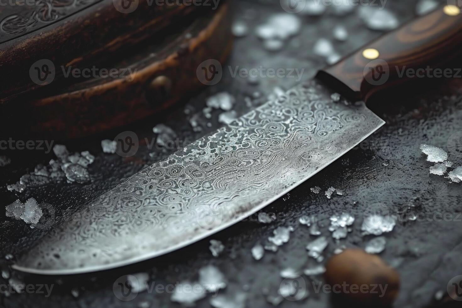 AI generated Knives made of Damascus steel on a wooden board photo