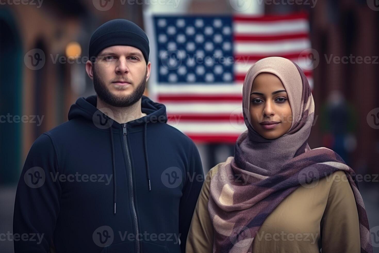 ai generado retrato de un hombre y un mujer patriotas de su país en contra el antecedentes de un ciudad calle foto