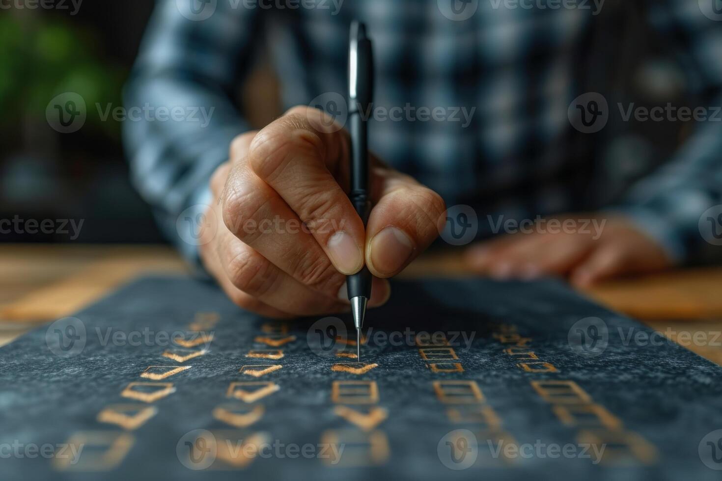 AI generated The businessman puts a check mark in the field in the list displayed on the virtual screen photo