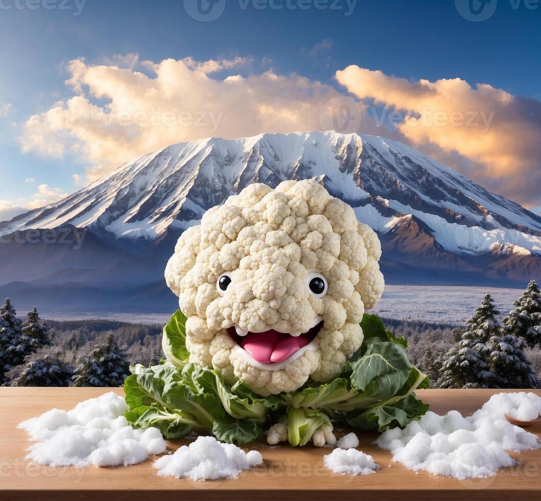 AI generated Cauliflower mascot with snow and Mt. Fuji in the background. photo