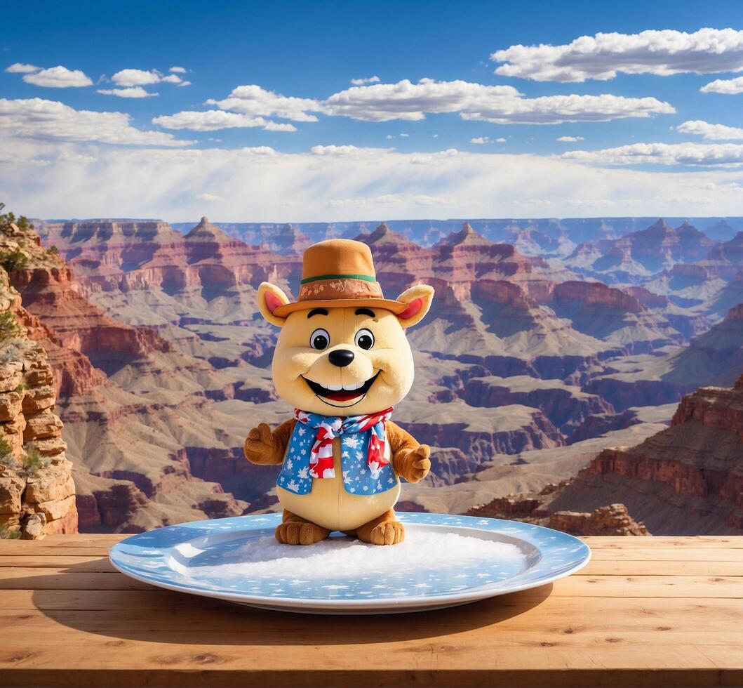 AI generated Funny dog on a plate on the background of the Grand Canyon photo