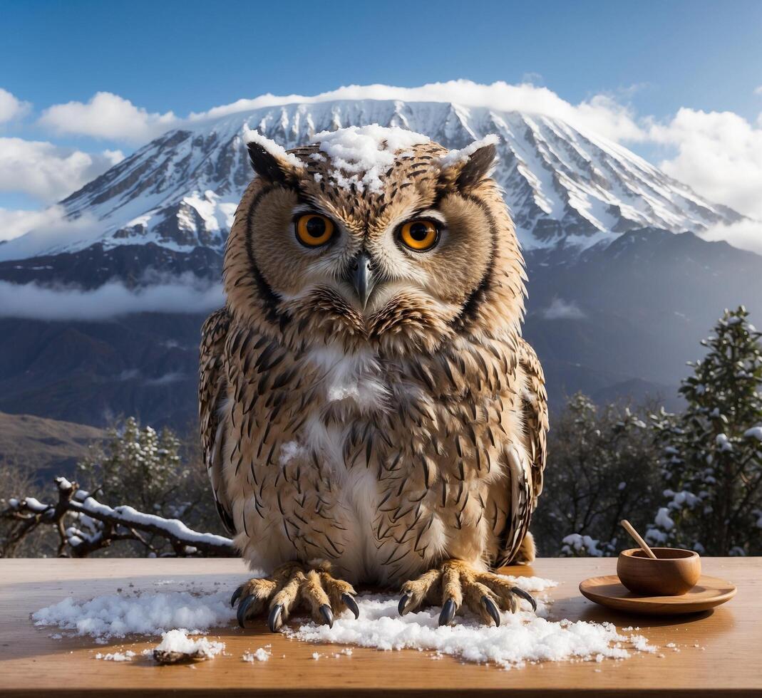 ai generado búho sentado en un de madera mesa en frente de monte. fuji foto