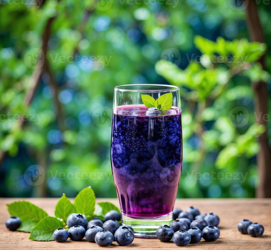 AI generated Blueberry smoothie in a glass on a wooden table in garden photo
