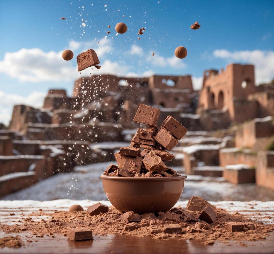 AI generated Cocoa powder falling into a clay bowl with pieces of chocolate in the background photo