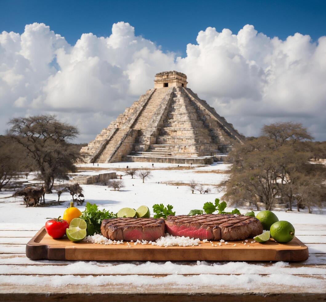 AI generated Grilled steak with lime and onion on wooden board with Chichen Itza pyramid in background photo