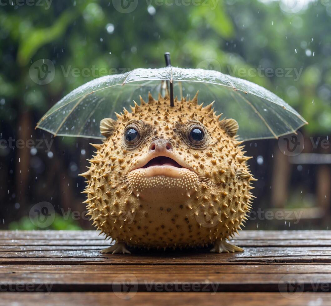 AI generated Funny puffer fish with umbrella on wooden floor in rain. photo