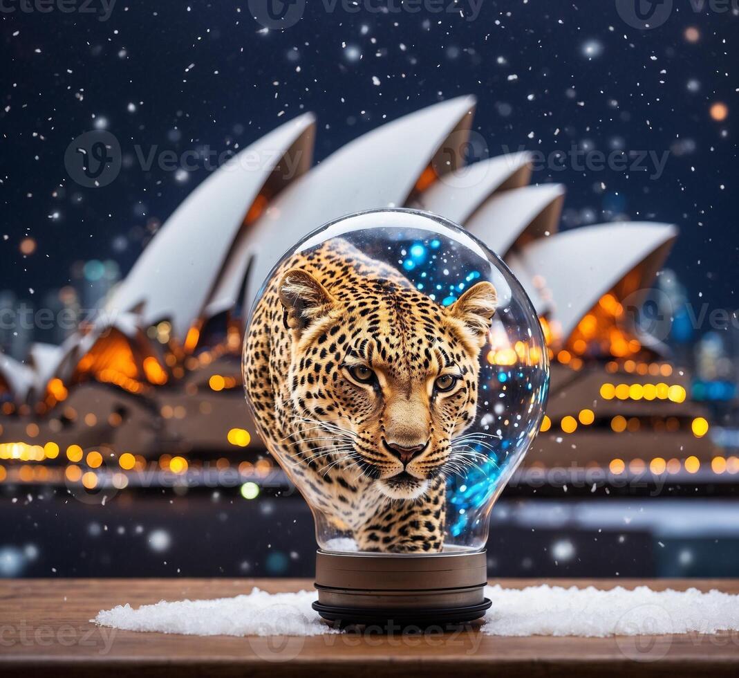 AI generated Snow globe with leopard and Sydney Opera House at night, Australia photo