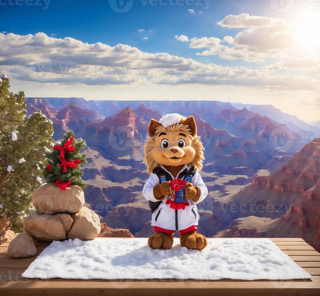 AI generated christmas lion with gift on the background of the Grand Canyon. photo