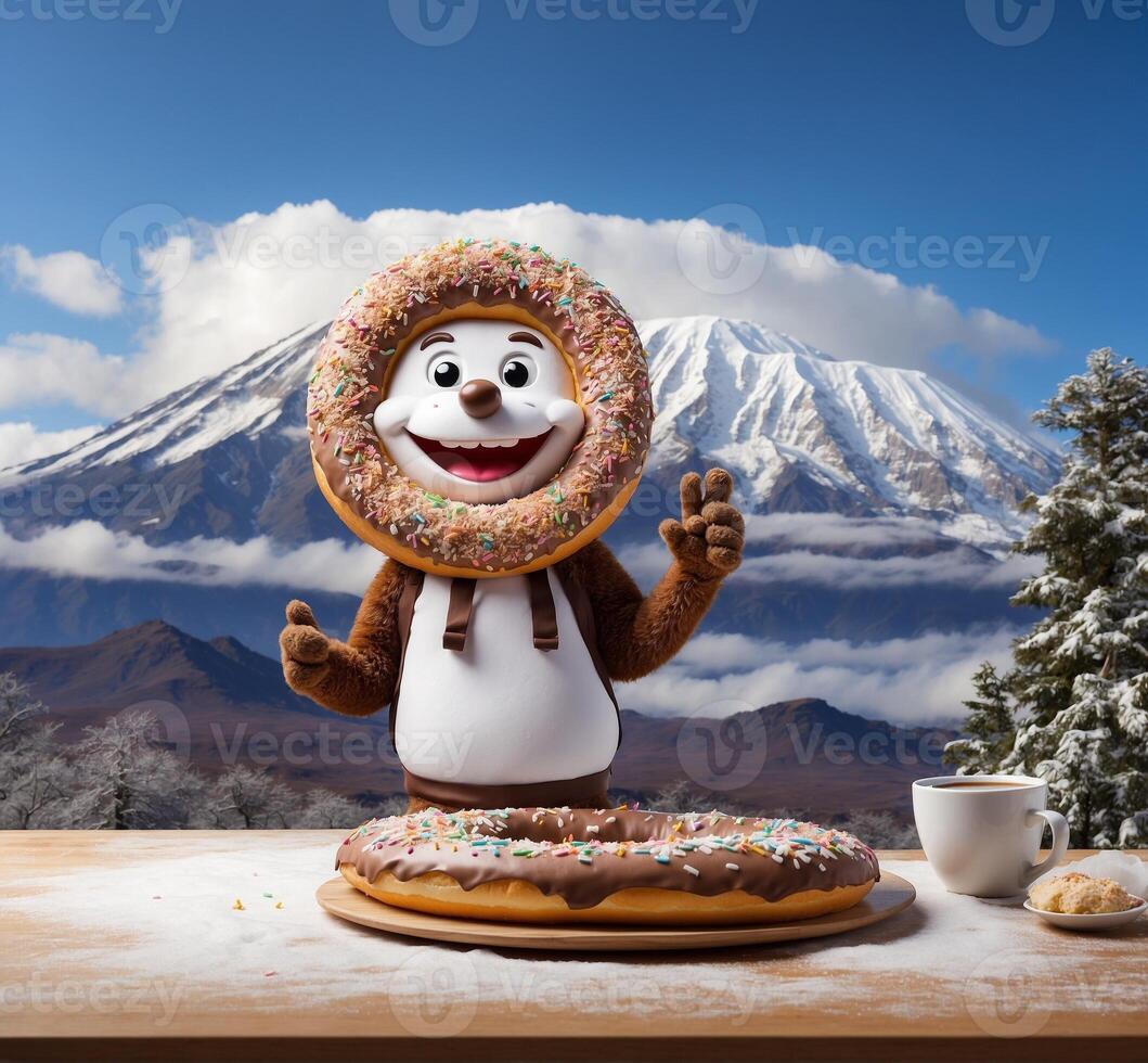 ai generado linda monigote de nieve con rosquilla, taza de café y volcán en antecedentes foto