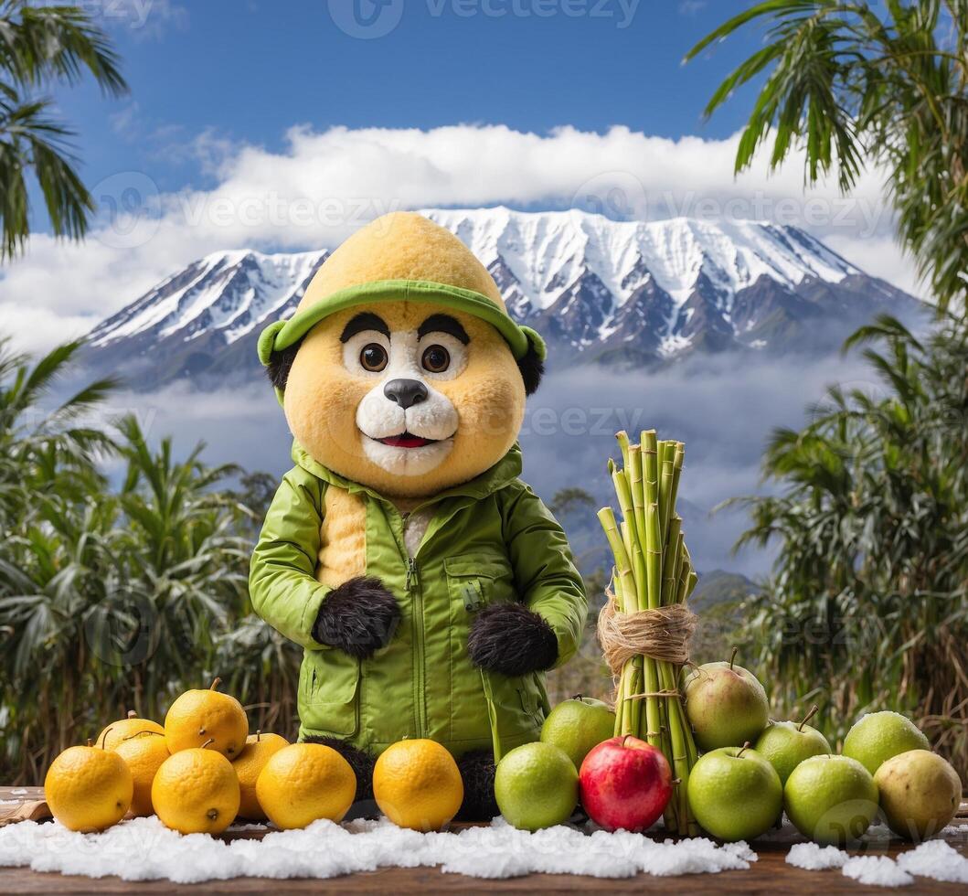 AI generated Funny mascot on the snow with fruits and Mt. Fuji background photo