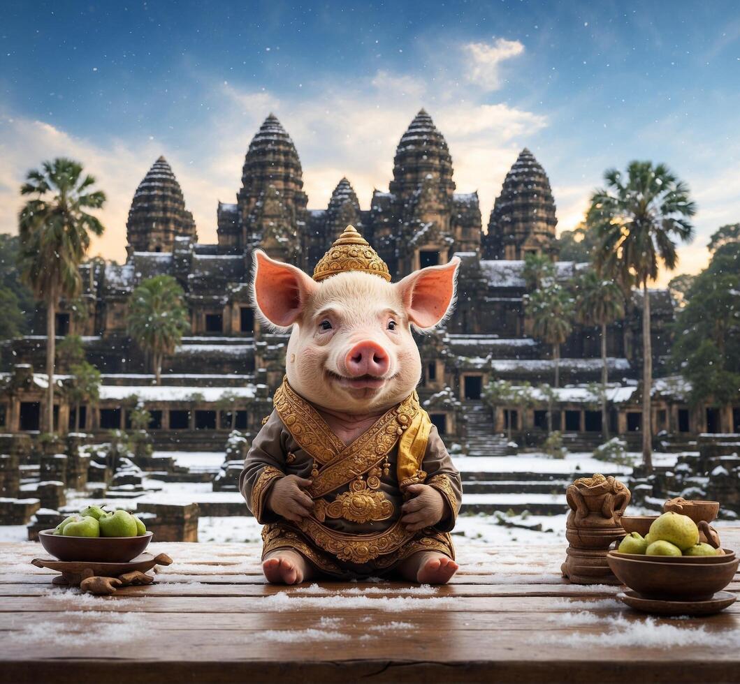 AI generated Pig character in front of Angkor Wat, Siem Reap, Cambodia photo