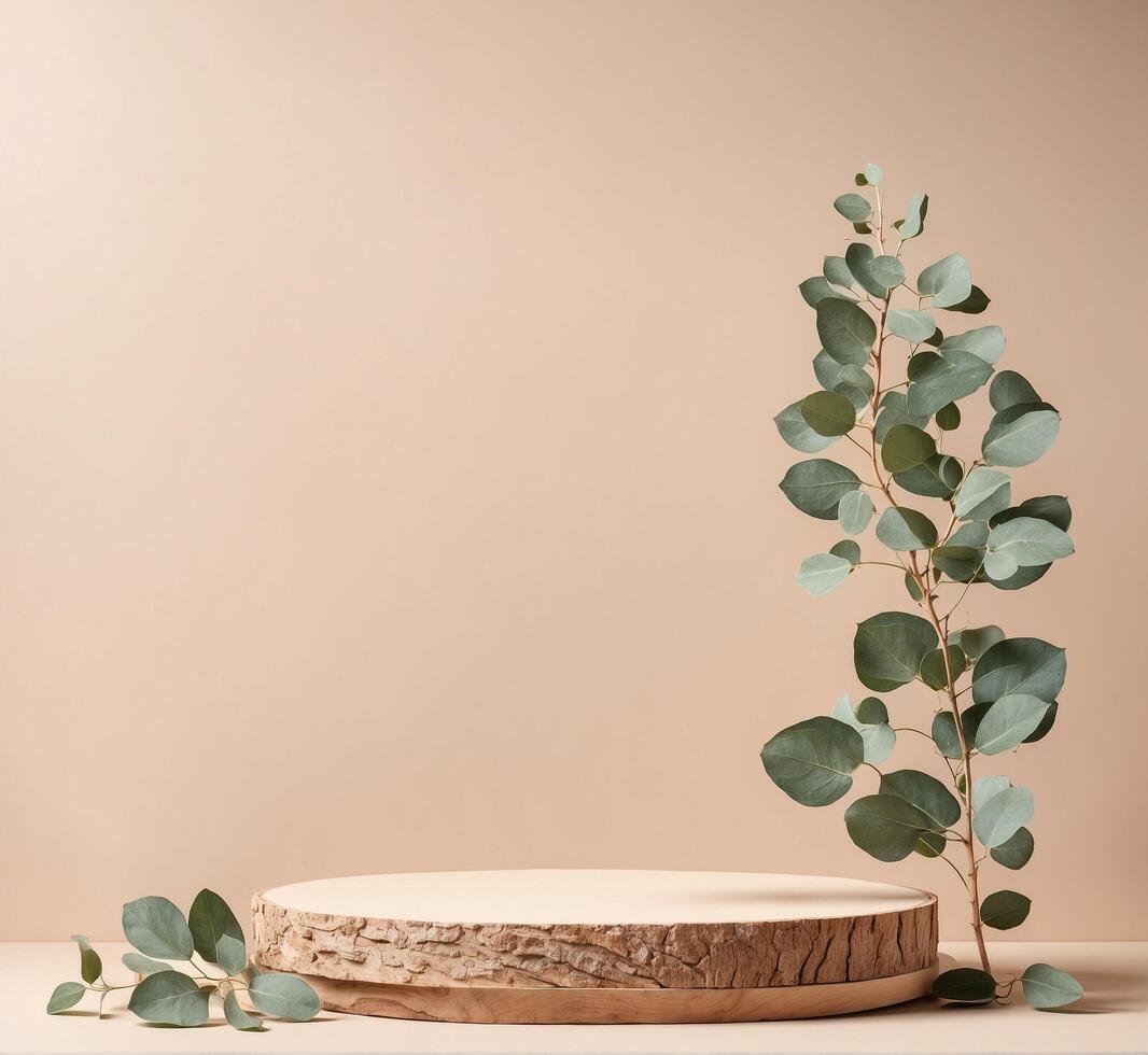 AI generated 3d render of beige podium with eucalyptus branches and eucalyptus leaves photo