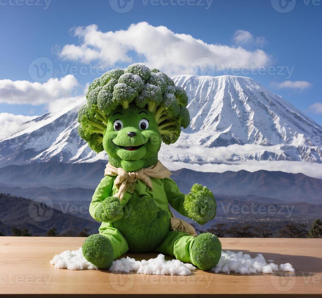 AI generated Funny green broccoli mascot and zombie with snow in front of Mt. Fuji. photo