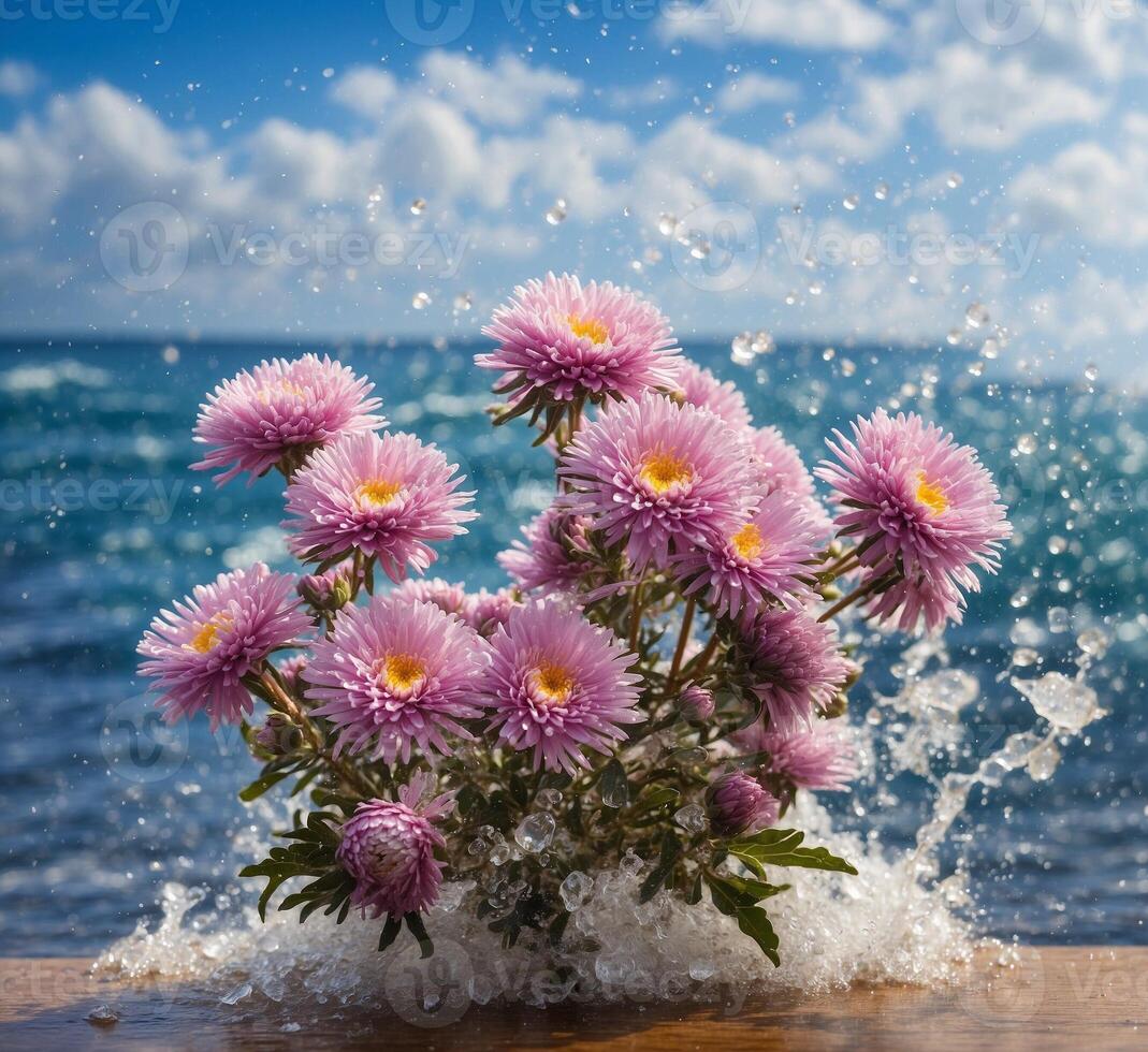 ai generado rosado aster flores ramo de flores con salpicaduras de agua en el antecedentes de el mar foto