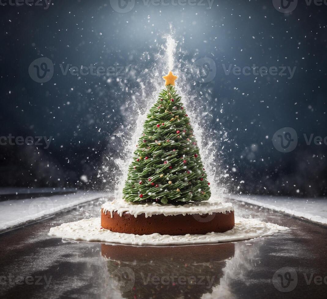 AI generated Christmas tree and snow falling on a cake with a candle in the snow photo