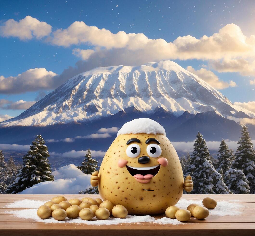 AI generated Smiling potato character with snow and Mt. Fuji in the background. photo