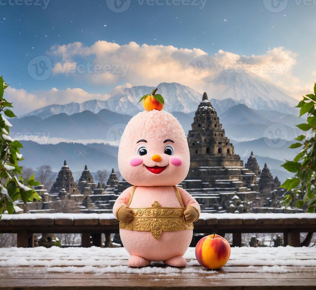AI generated Funny peach mascot character and hindu temple in Bali, Indonesia photo