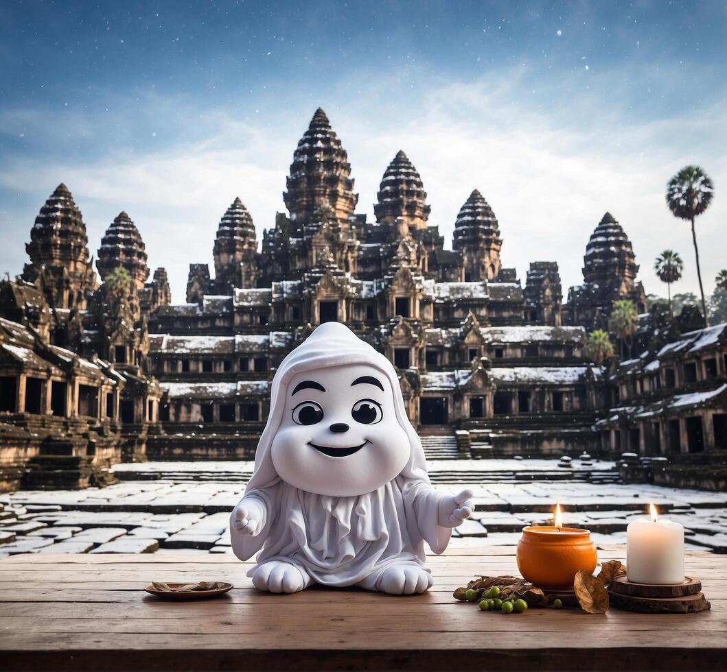 ai generado demonio mascota en el frente de angkor wat templo foto