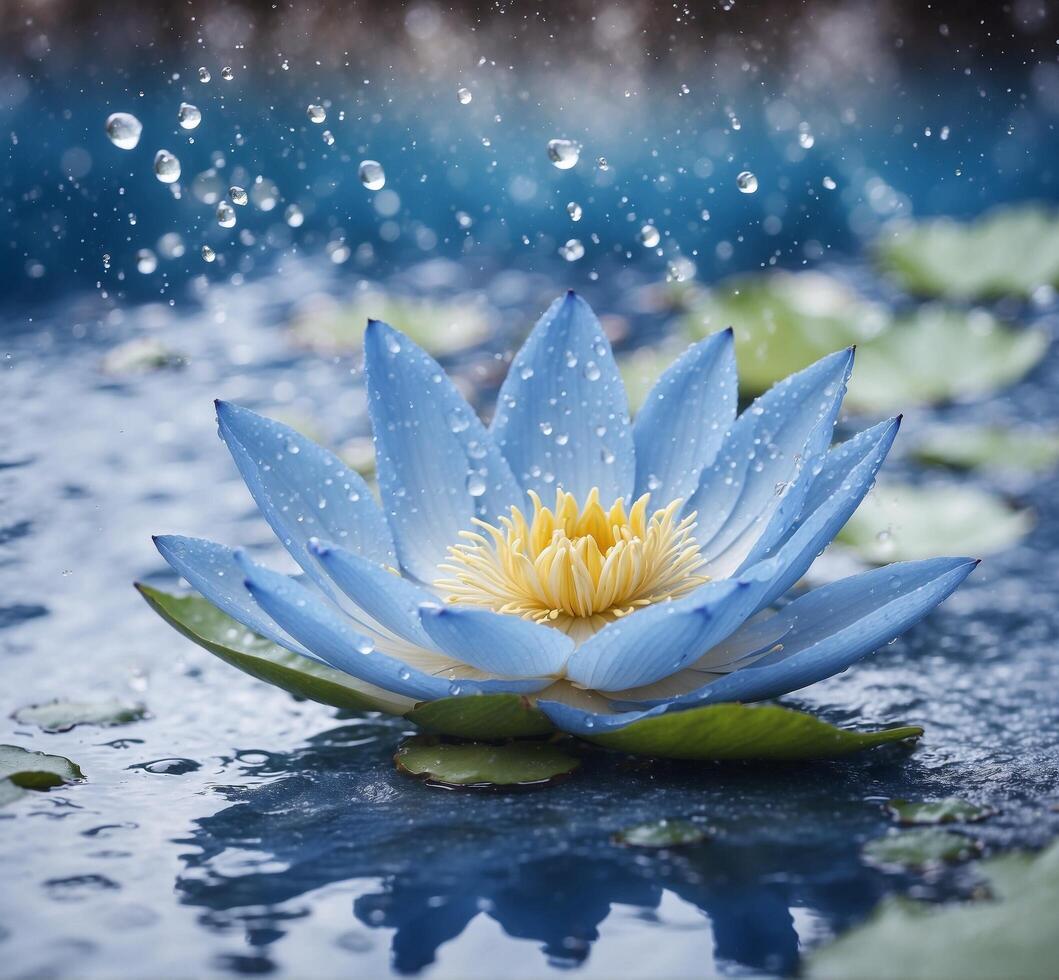 AI generated Blue water lily with drops of water on a dark blue background photo