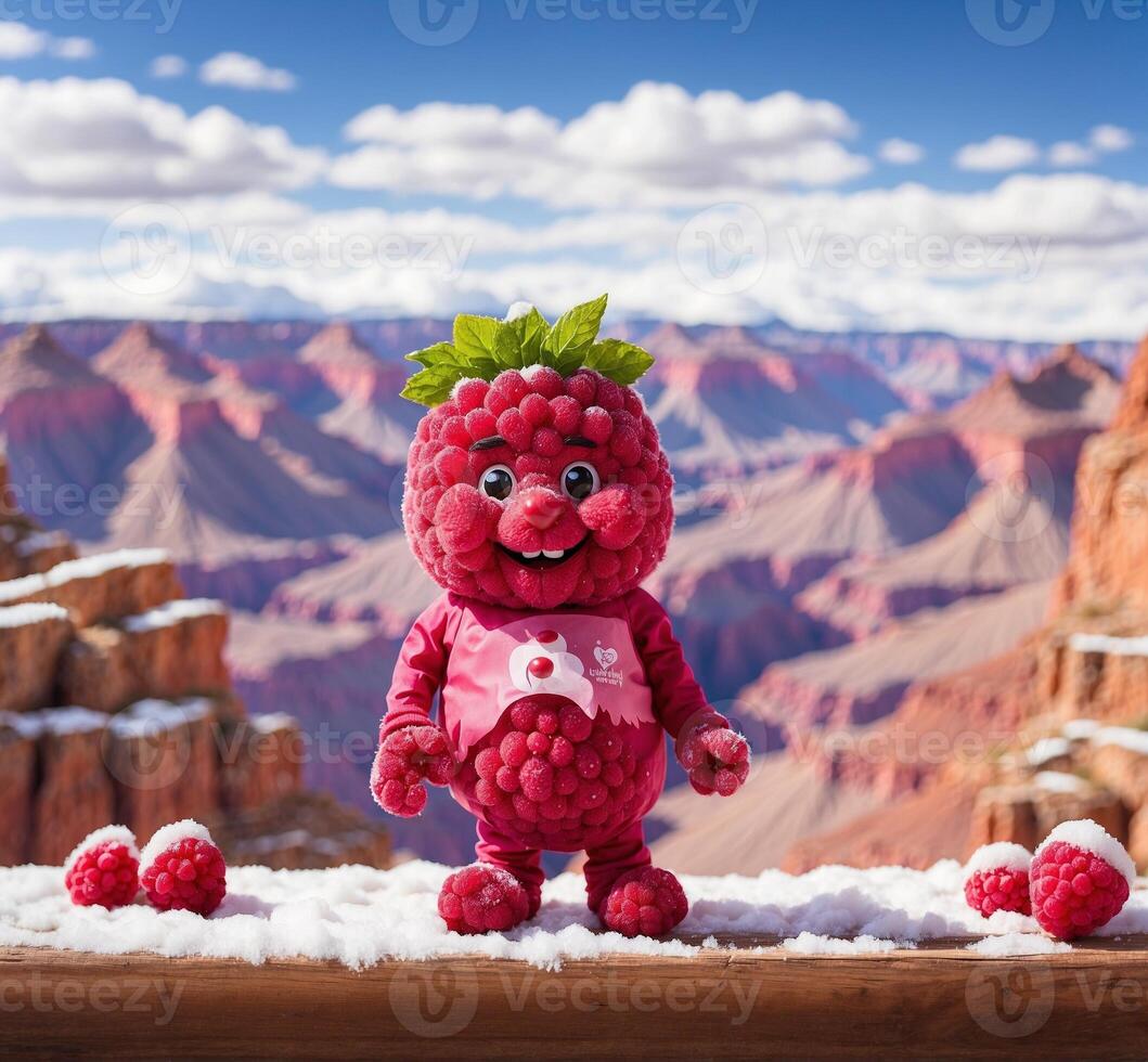AI generated Cute raspberry mascot with raspberry on the background of the Grand Canyon photo
