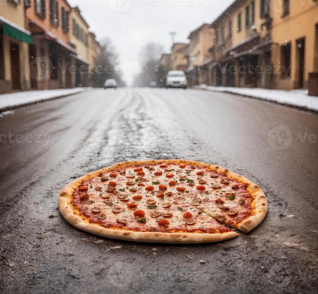 AI generated Pizza on the street in the winter. Pizza on the street. photo